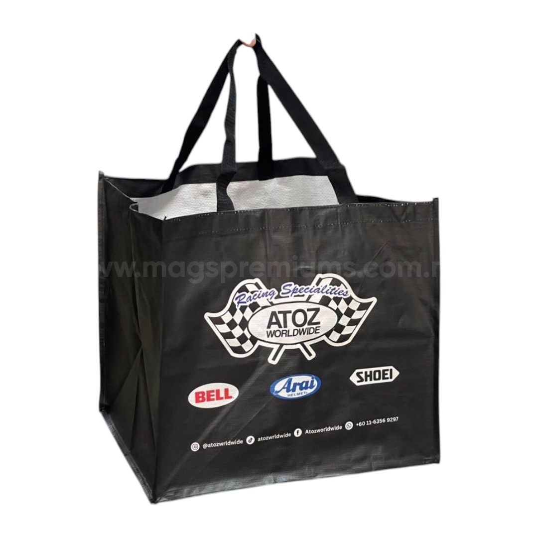 Custom PP Woven Bags Custom PP woven bag with full colour logo printing in black laminated finish, large reusable shopping bag with reinforced handles for retail, promotional events and packaging