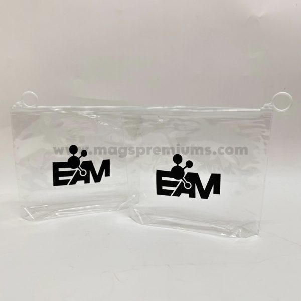 Custom clear PVC pouch with personalized logo printing, ideal for corporate giveaways, retail packaging, and promotional branding