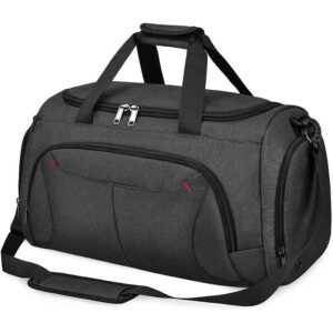 Grey sports duffel bag with adjustable shoulder strap, multiple zip compartments and custom logo printing for corporate branding.