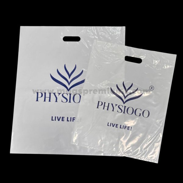 Custom glossy die-cut plastic bag with a stylish finish, ideal for retail stores, corporate branding, and promotional events