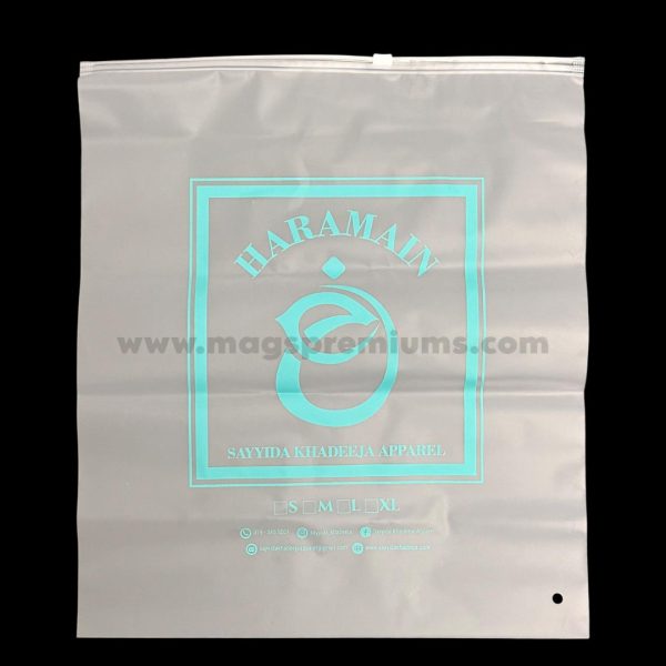 Custom frosted PE ziplock bags with personalized printing, perfect for product packaging, retail, and promotional use. Bulk orders available in Malaysia