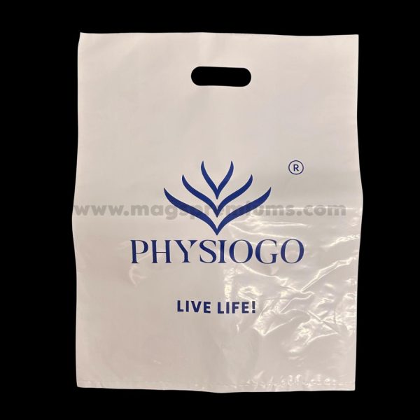 Personalized glossy plastic bags with a die-cut handle, great for promotional giveaways, events, and retail use