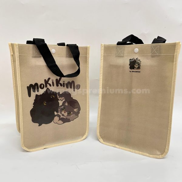 Personalized laminated tote bag with logo printing, designed for marketing events, trade shows, and giveaways