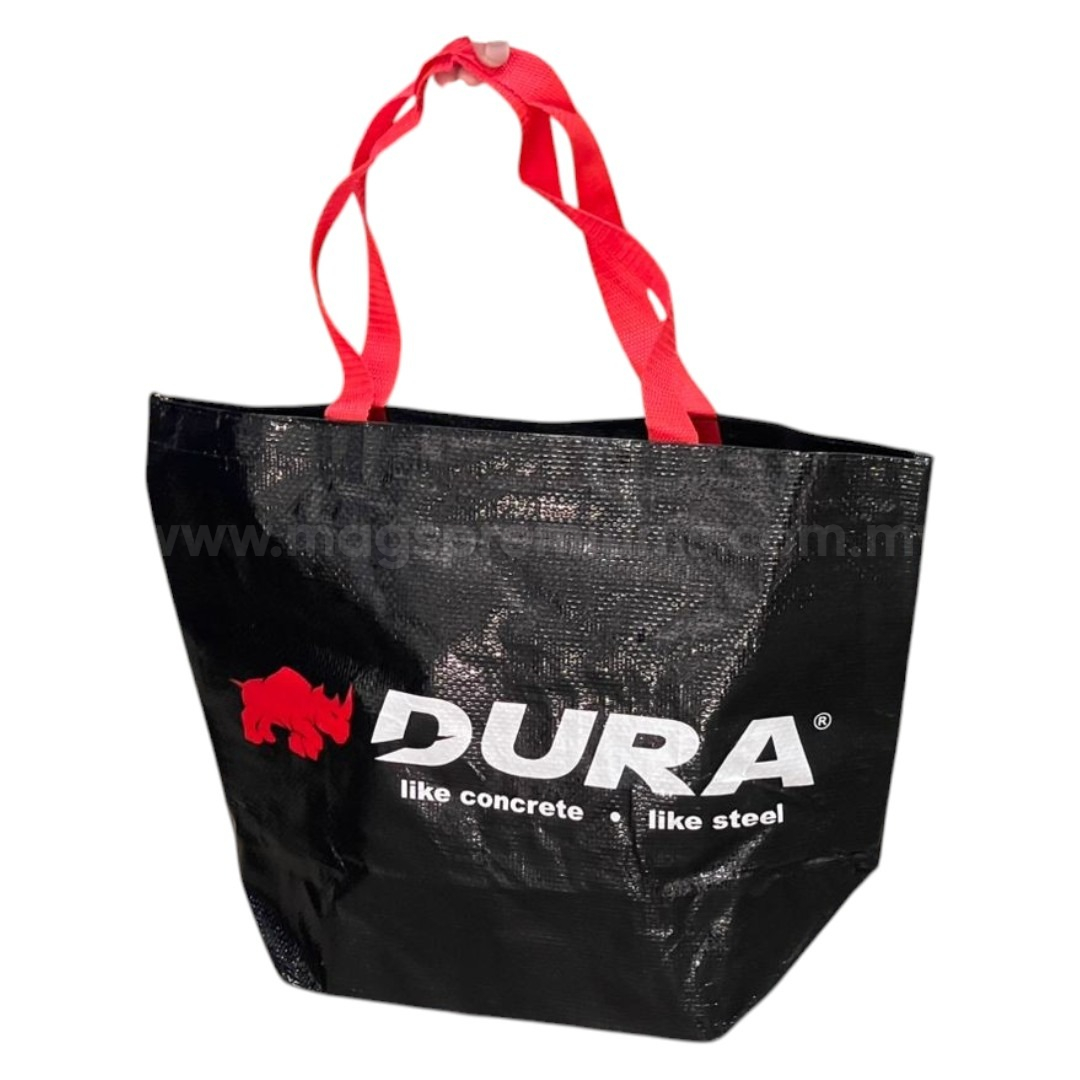 PP Woven Bag PP woven bag with custom logo printing in black laminated finish and red handles, reusable shopping bag for promotional events, retail packaging and corporate branding