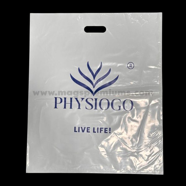 High-quality die-cut glossy plastic bags with logo printing, designed for business branding and product packaging.