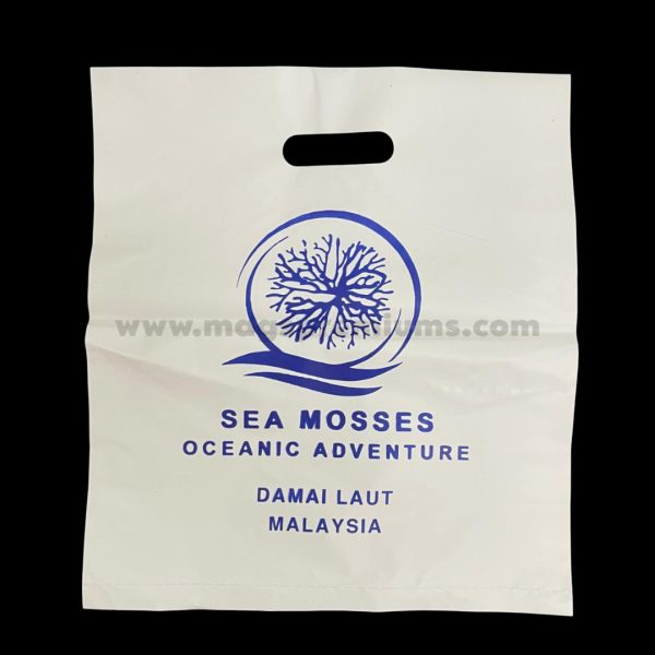 Custom die-cut plastic bags with logo printing, ideal for retail stores, boutiques, and corporate branding