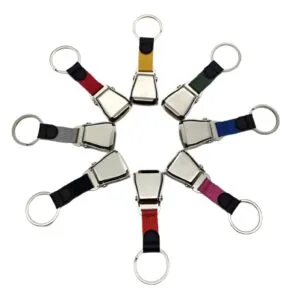 Airplane seat belt keychains available in assorted colours with metal buckle design for promotional giveaways and merchandise.