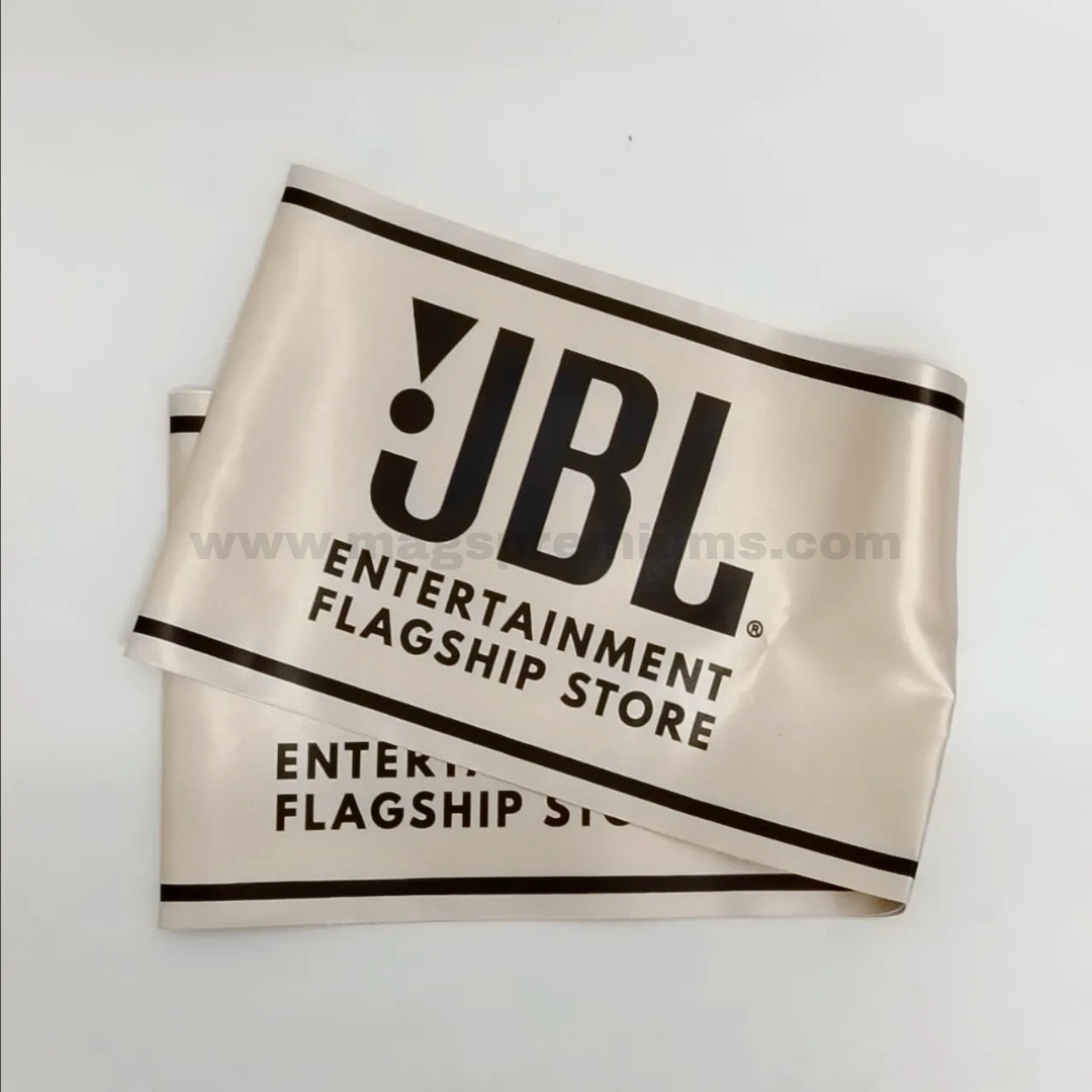 Grand Opening Ribbon Beige satin ribbon printed with jbl branding