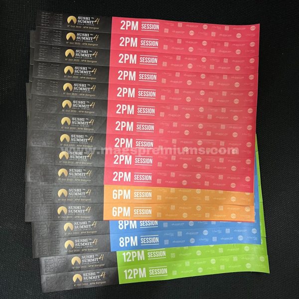 Printed paper wristbands for concerts, conferences, and parties. Made from strong Tyvek material with waterproof and tear-resistant features. Customizable in multiple designs from a leading wristband supplier in Malaysia.