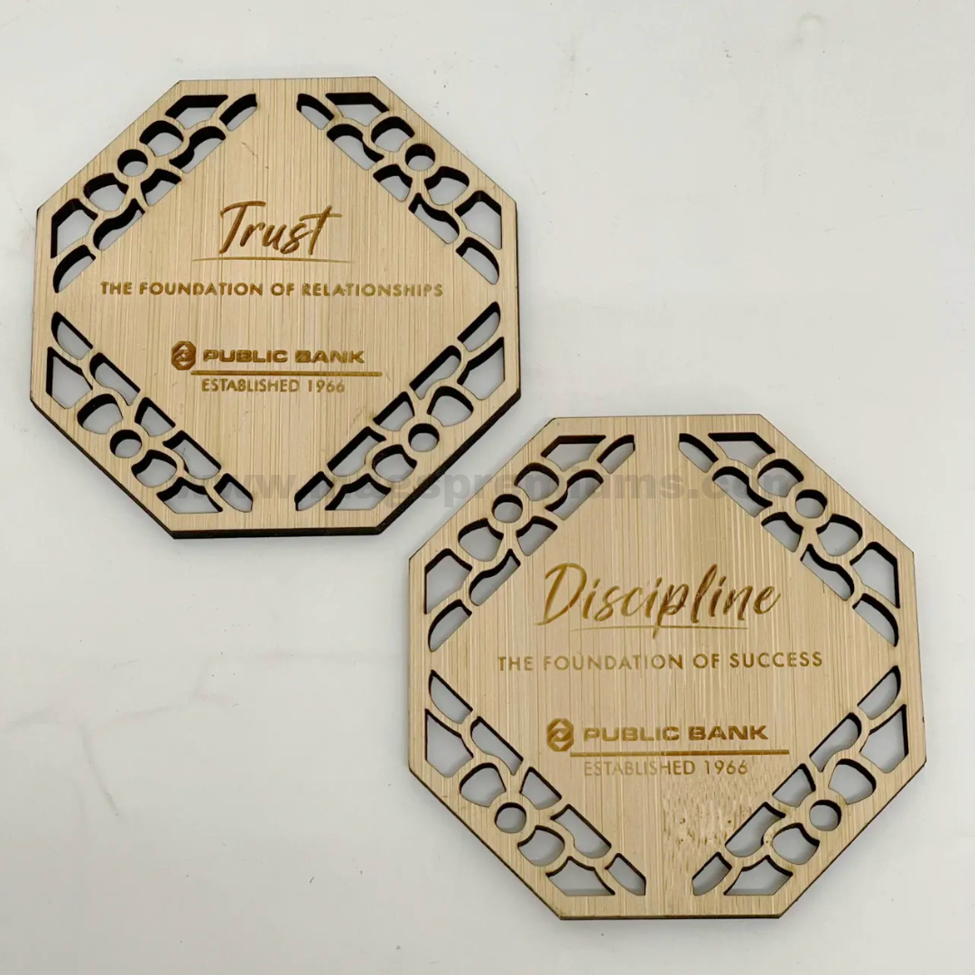 Wooden Coaster Custom bamboo coaster with laser engraving logo and decorative cut out design for corporate gifts