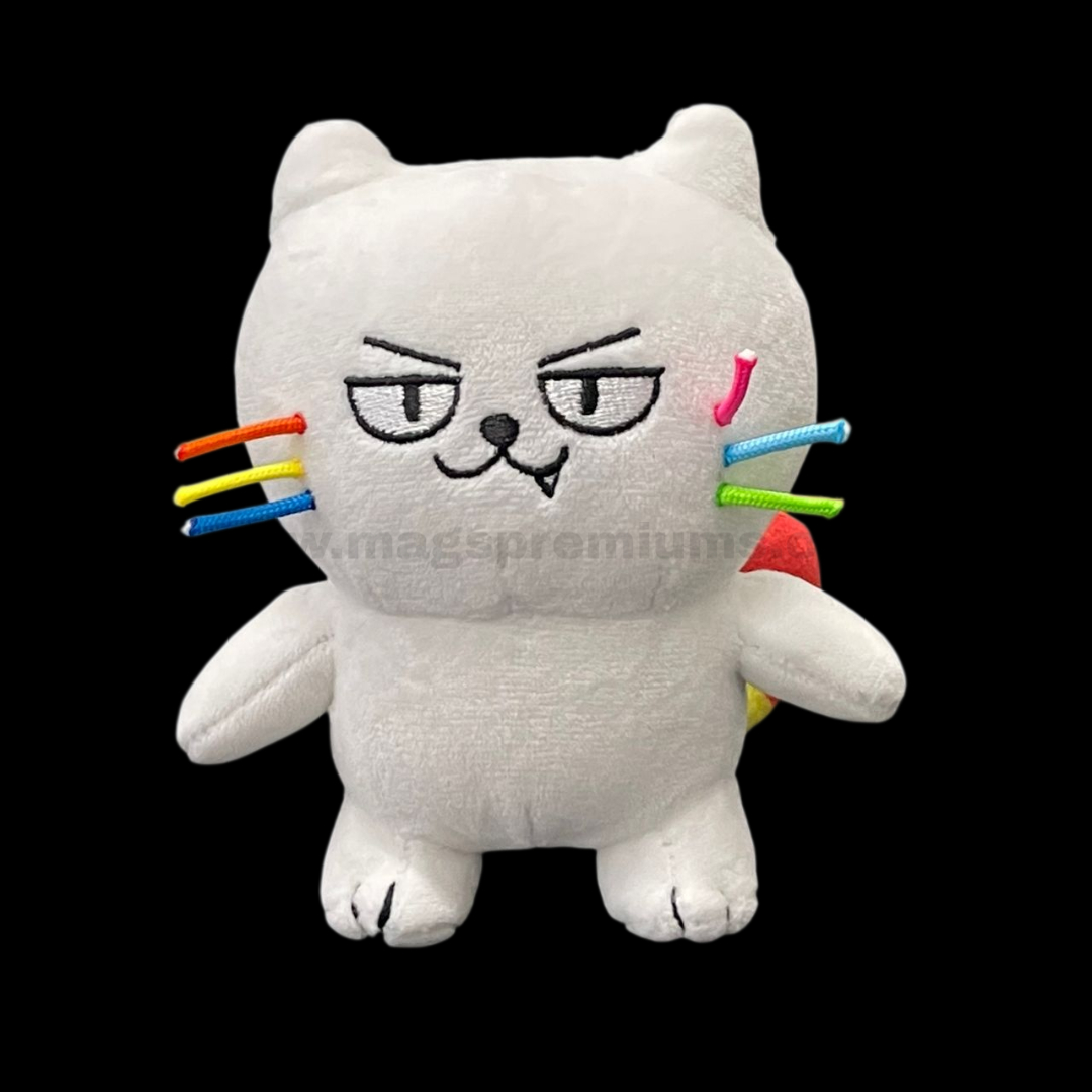 Custom Made Toy Custom white cat plush toy viewed from the rear side, featuring colorful whiskers and a rainbow-striped tail, produced as a bespoke mascot for branding, promotions, and merchandise collections.