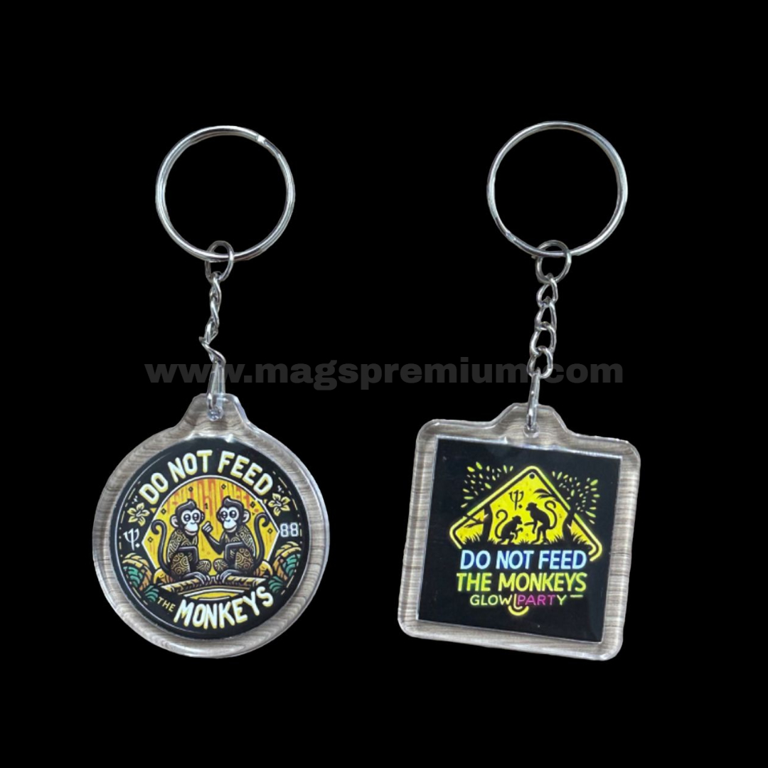 Acrylic Keychain Custom printed acrylic keychains featuring logos or artwork, great for souvenirs, marketing items, and retail merchandise.