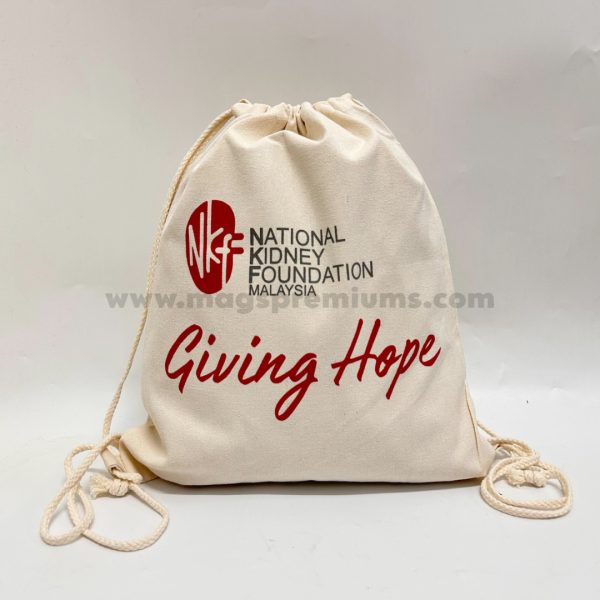 Custom canvas drawstring bags with personalized logo printing, perfect for corporate gifts, events, and promotional giveaways. Bulk orders available in Malaysia