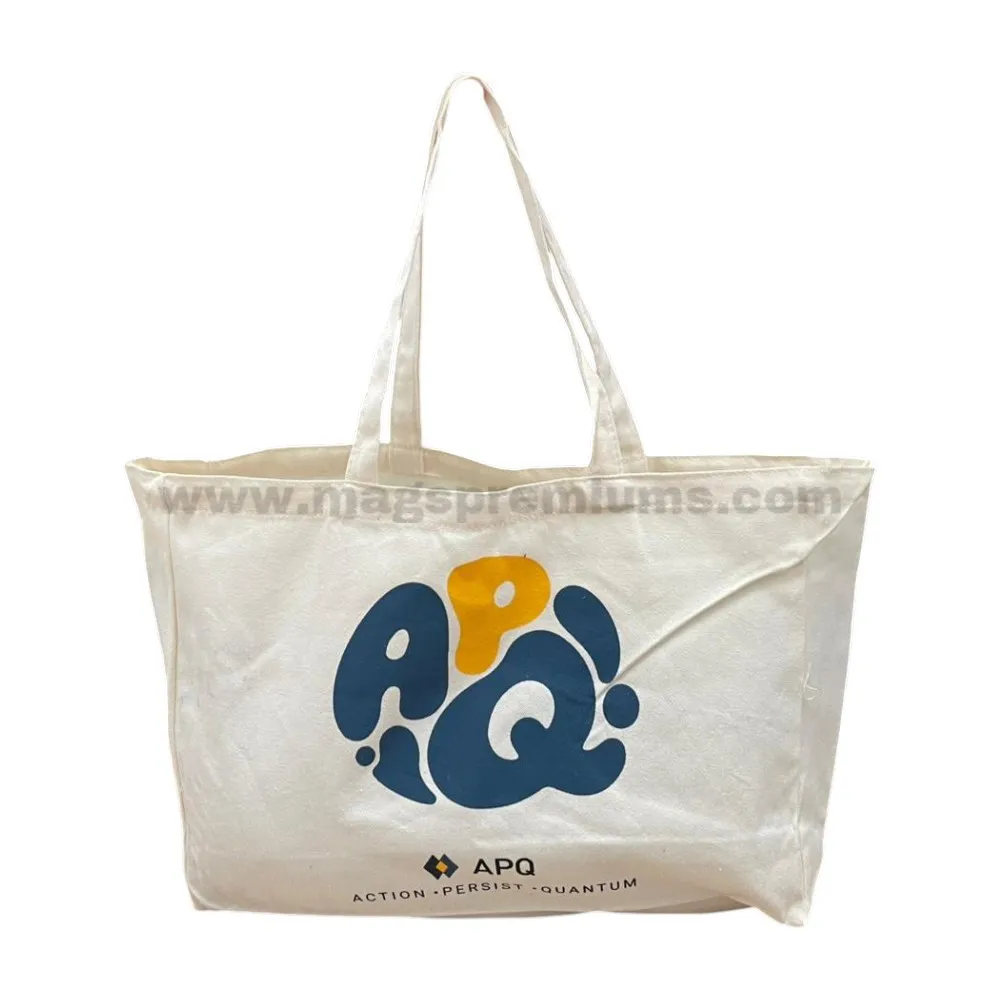 Canvas Bag Printing Malaysia Large natural canvas tote bag with custom logo printing, perfect for retail promotions, exhibitions, conferences, and eco-friendly giveaways.