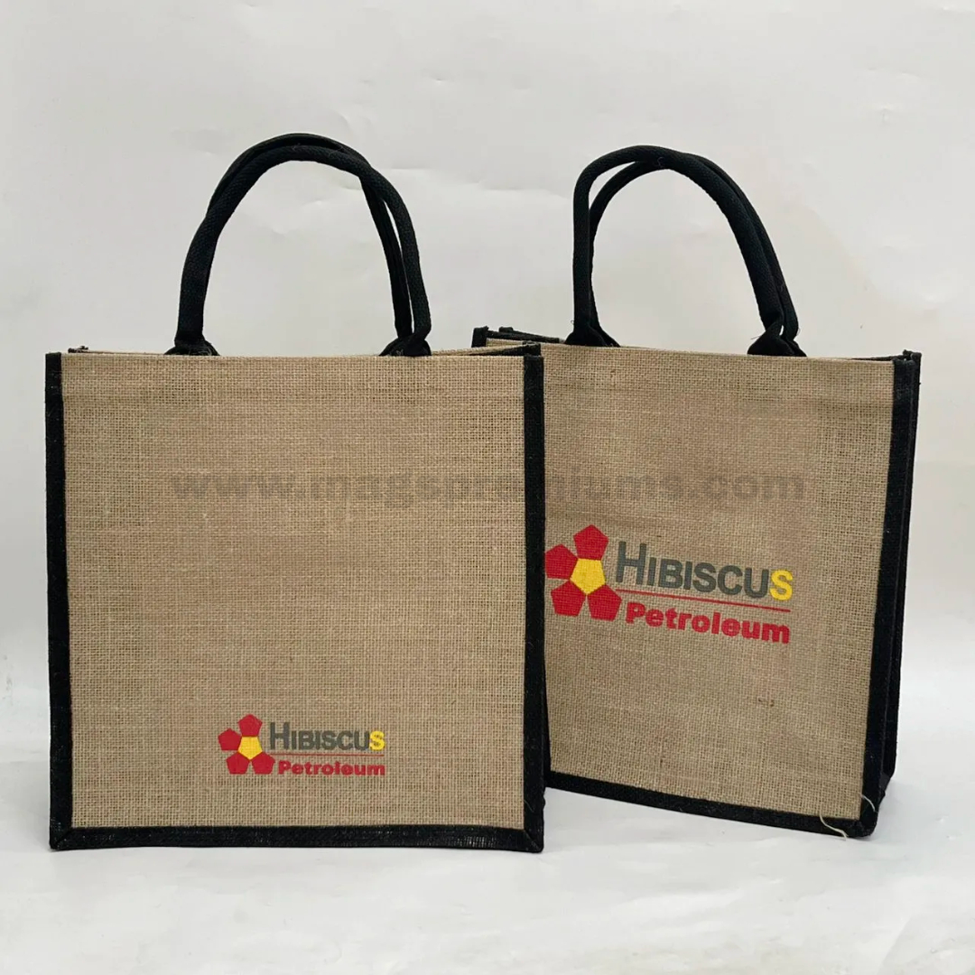 Jute Bag – 35 × 35 × 15 cm Custom jute bags with logo printing in natural burlap finish and black handles for corporate gift and promotional packaging