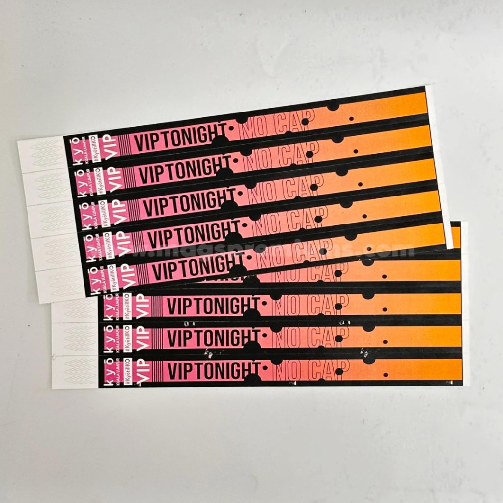 Printed Tyvek wristbands for secure access at concerts, conferences, and sports events. Made from strong, tamper-proof material with a comfortable fit. Bulk orders available from a top supplier in Malaysia