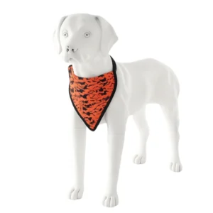 orange printed dog bandana with adjustable black strap for pets