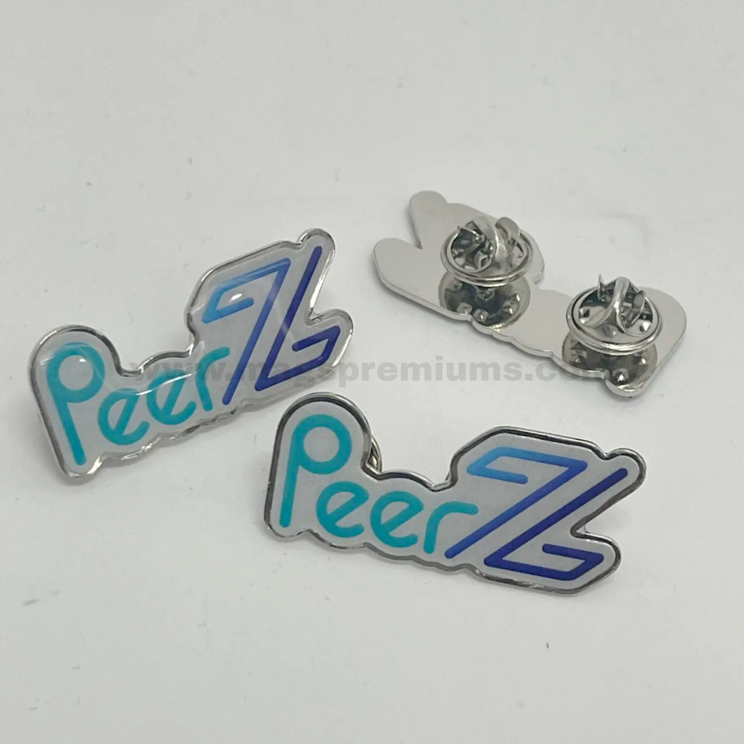 Epoxy Lapel Pin Custom epoxy lapel pins with PeerZ logo design, featuring a glossy epoxy coating, silver metal border, and butterfly clutch backing for corporate branding, events, and promotional use.