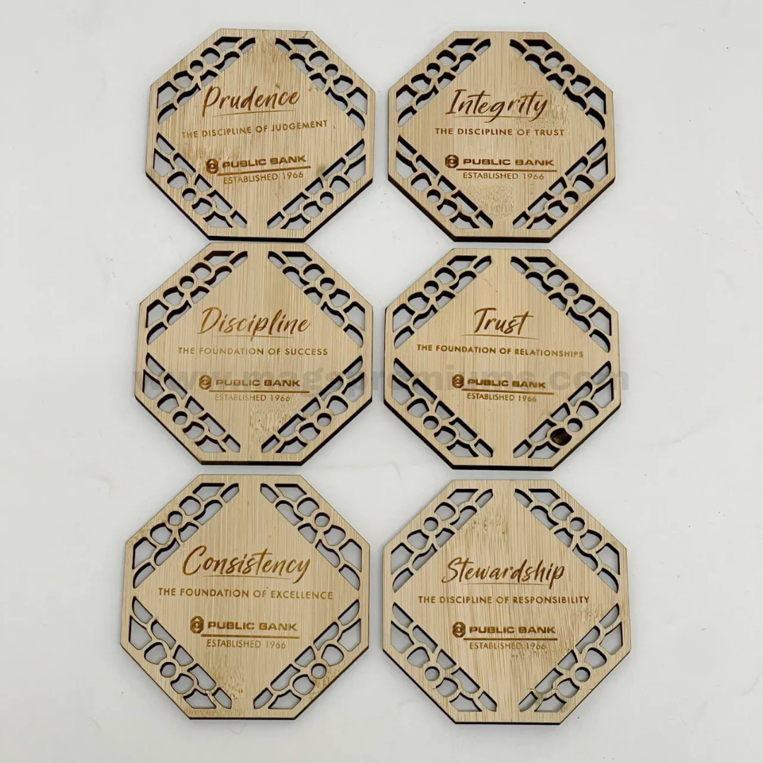 Wooden Coaster Custom bamboo coaster set with engraved branding and motivational quote design for promotional use