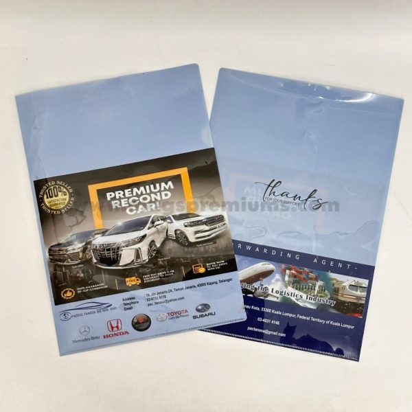 Custom printed file folders with logo branding, perfect for corporate presentations, office use, and promotional giveaways. Bulk printing available in Malaysia