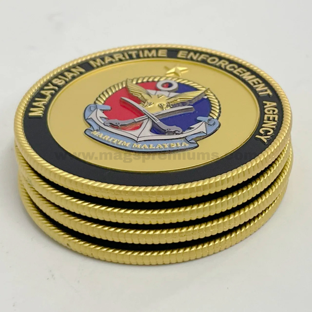 Custom Challenge Coin Custom metal challenge coin stacked display with engraved emblem and coloured enamel for military style commemorative tokens