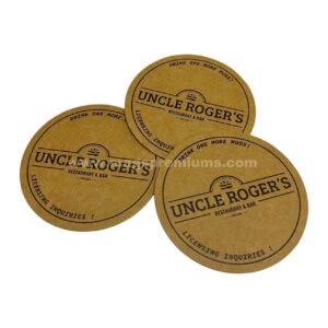 Custom printed cork coasters with Uncle Roger’s restaurant logo for branding and promotional use