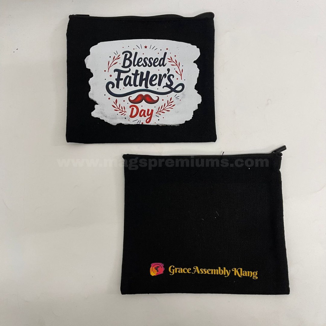 Canvas Zipper Pouch Custom canvas zipper pouch in black fabric with full-color logo printing and Father's Day artwork, featuring a zip closure for storing stationery, cosmetics, accessories, and promotional items.