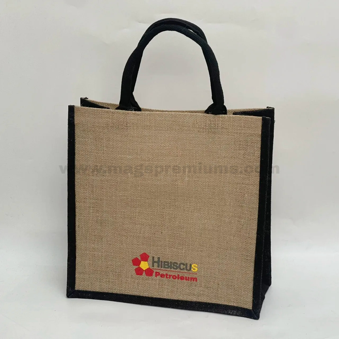 Jute Bag – 35 × 35 × 15 cm Custom jute tote bag with printed company logo and durable carry handles for reusable shopping and event giveaways
