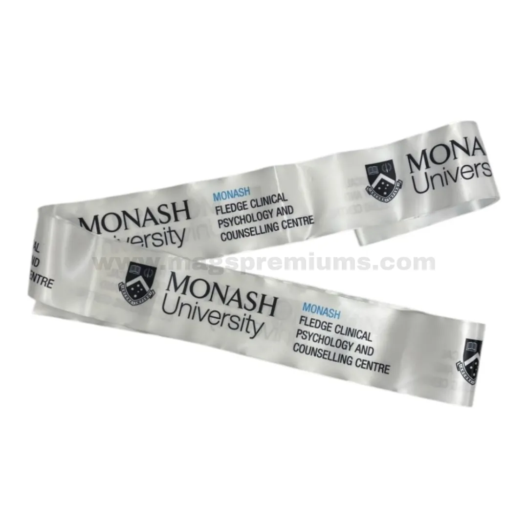 Grand Opening Ribbon Custom printed white satin ribbon with Monash University logo and text branding for event ceremony and grand opening decoration