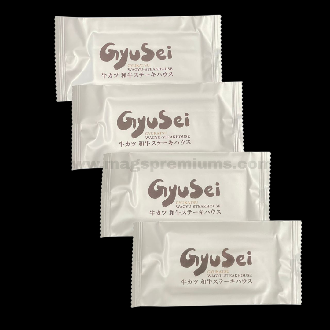Wet Tissue Printing Custom wet tissue printing with individual sachet packaging and logo branding for restaurant and hospitality use