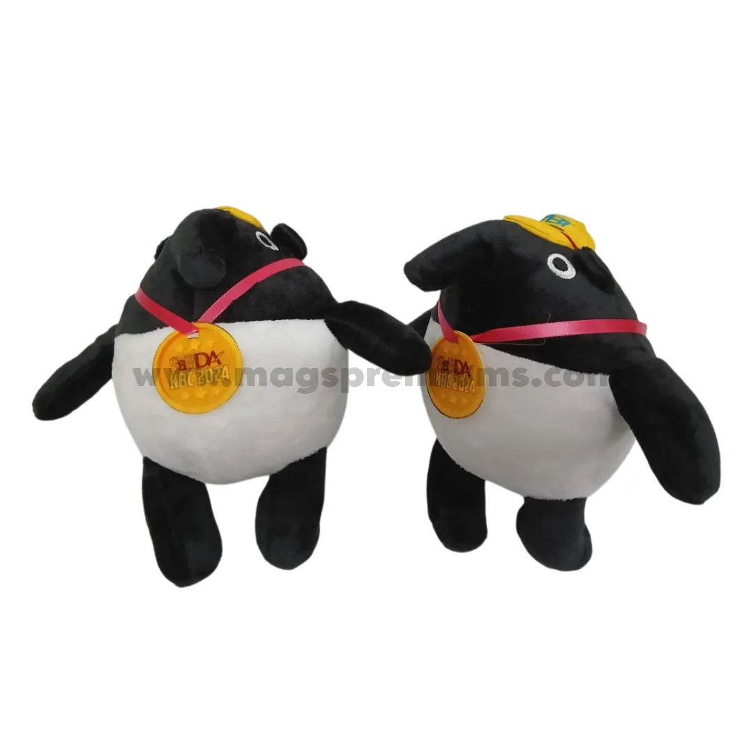 Custom Made Toy Custom penguin plush toy with medal, side view of personalized mascot plush doll