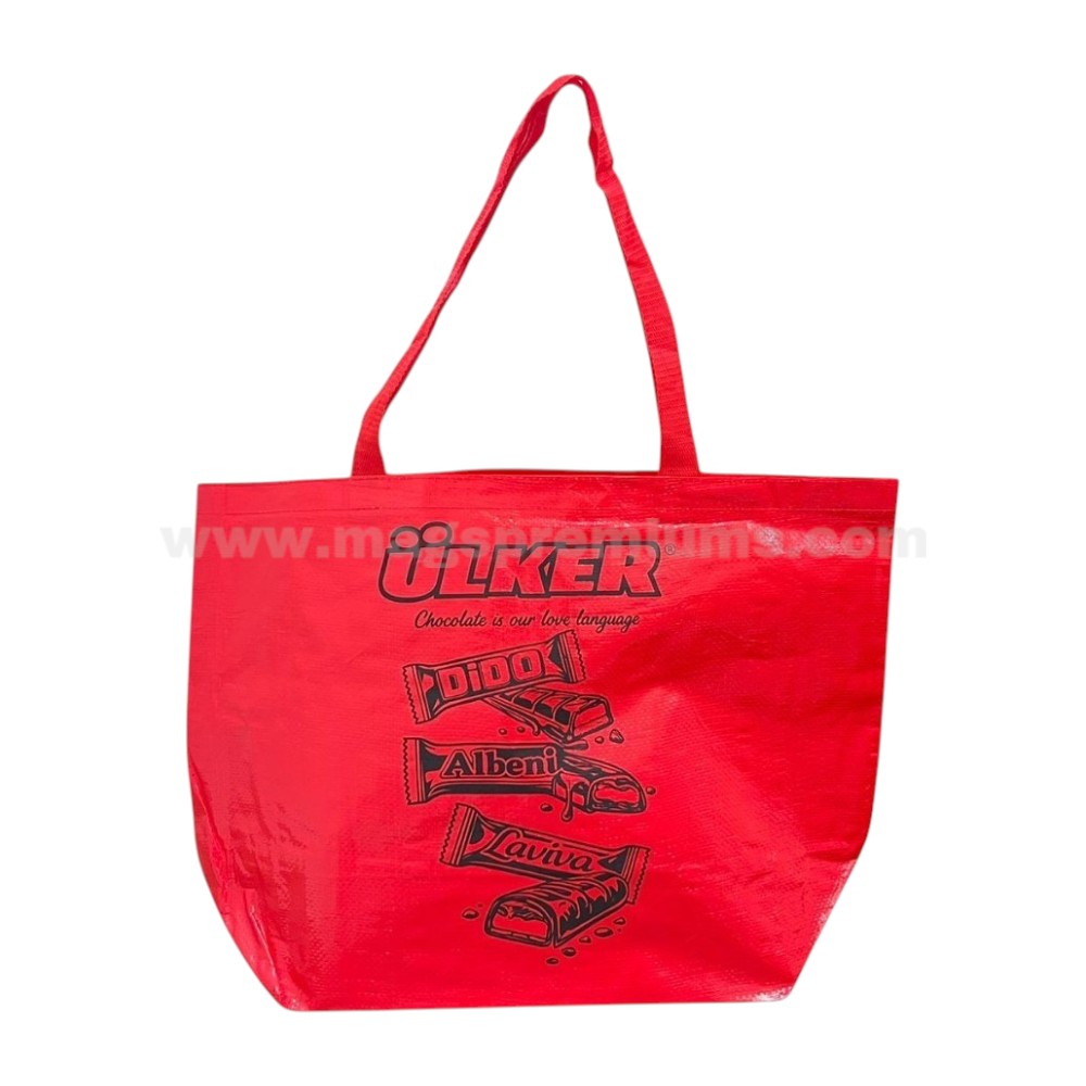 PP Woven Bag Red laminated woven shopping bag with custom product branding and advertising print