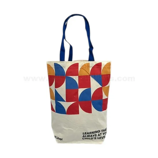 Custom made Canvas Bag Custom printed canvas tote bag with colorful geometric pattern and blue handles for promotional giveaways and corporate branding