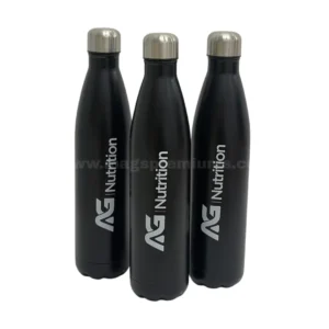 Custom stainless steel water bottle with AG Nutrition logo printed on matte black insulated bottle