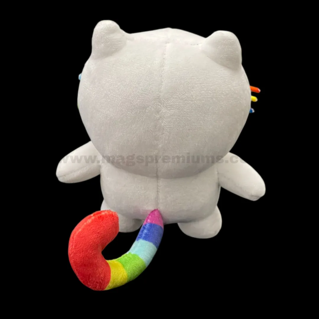 Custom Made Toy Side-angle view of a personalized white cat stuffed animal with embroidered facial details, multicolor whiskers, and a vibrant rainbow tail for corporate gifts and character branding.
