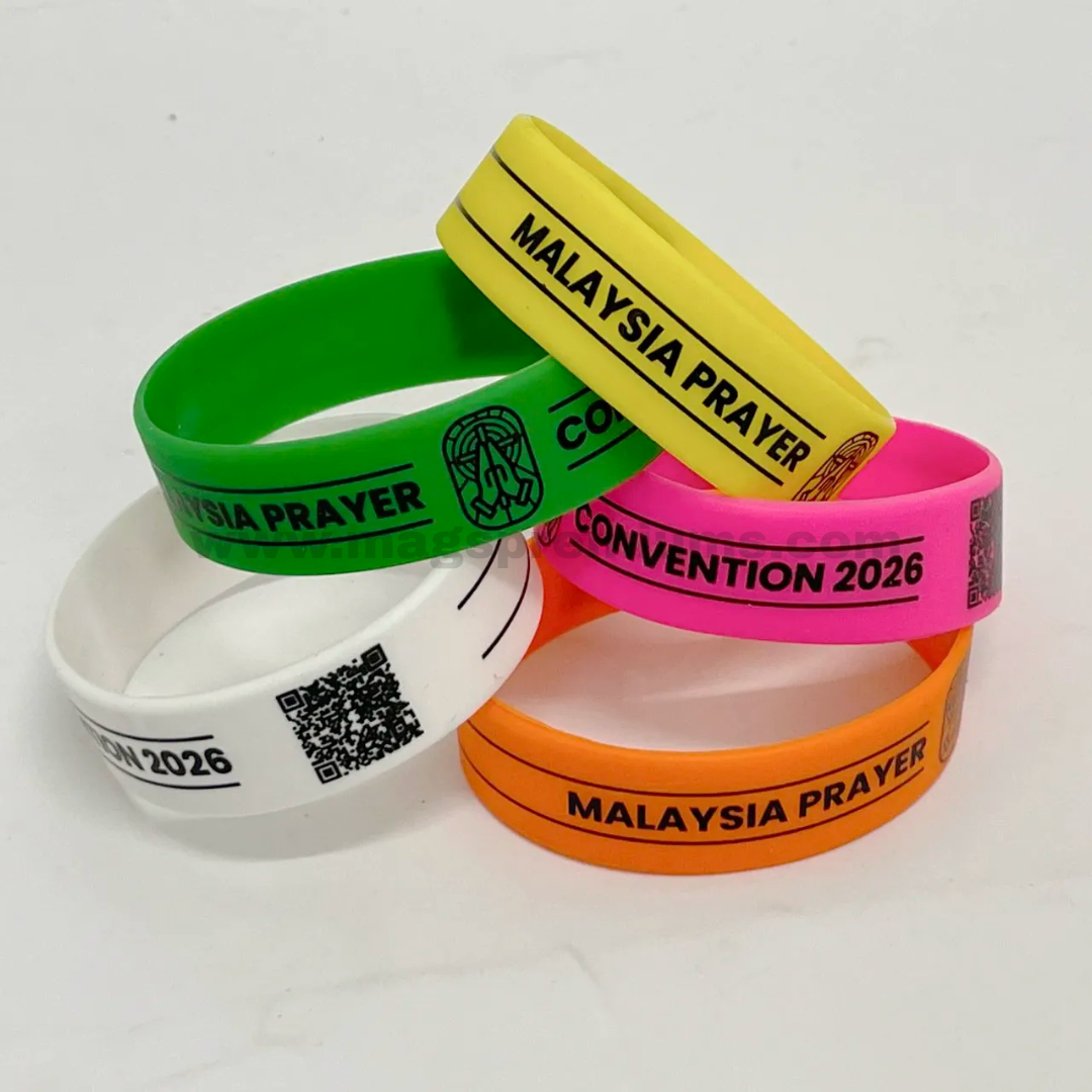 1-Inch Silicone Wristbands Custom silicone wristband printing with colorful event bands and QR code design for Malaysia Prayer Convention 2026