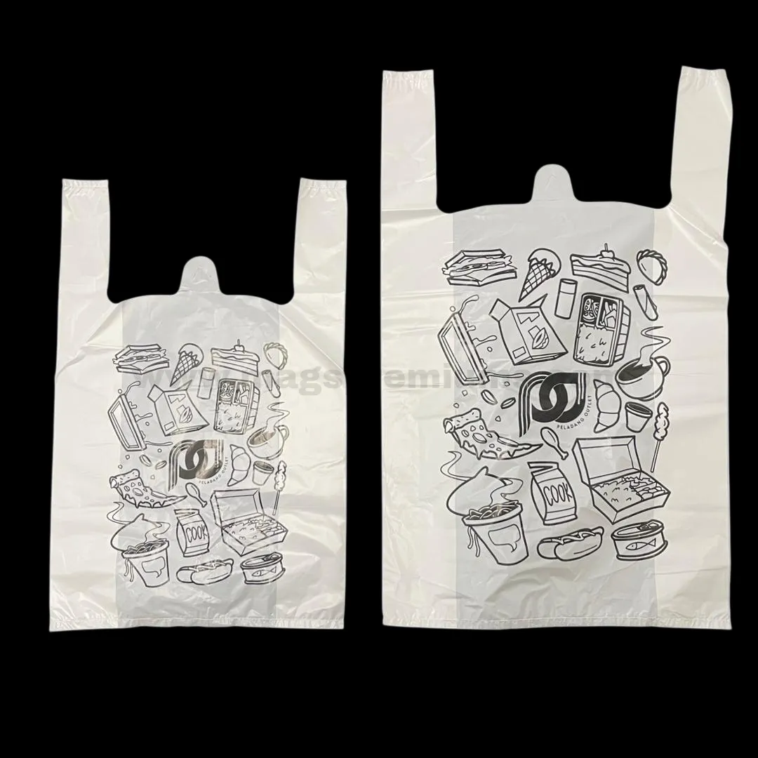 Plastic Bags Wholesaler Custom printed plastic t-shirt bag with food illustration design for takeaway packaging