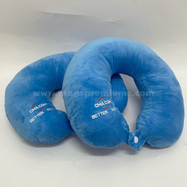 Custom travel neck pillow with personalized logo printing, perfect for corporate gifts, airlines, and promotional giveaways.