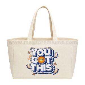 Large custom canvas tote bag with full-colour Ovaltine logo printing, designed for retail promotions, corporate giveaways, events, and reusable daily shopping.