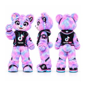 Custom teddy bear mascot costume with branded outfit for marketing campaigns, corporate events and brand activations.