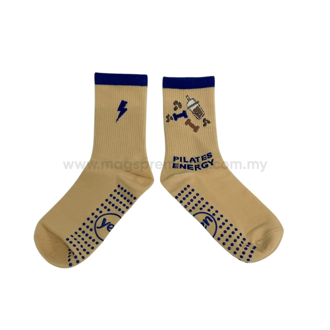 Custom Grip Socks Custom grip socks with anti slip silicone dots and printed logo design, beige athletic socks for pilates, yoga, fitness and promotional merchandise