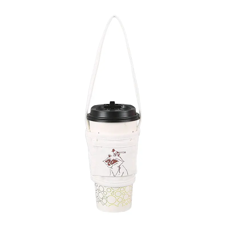 Custom Canvas Cup Sleeve Custom coffee cup sleeve with long strap, front view on takeaway cup
