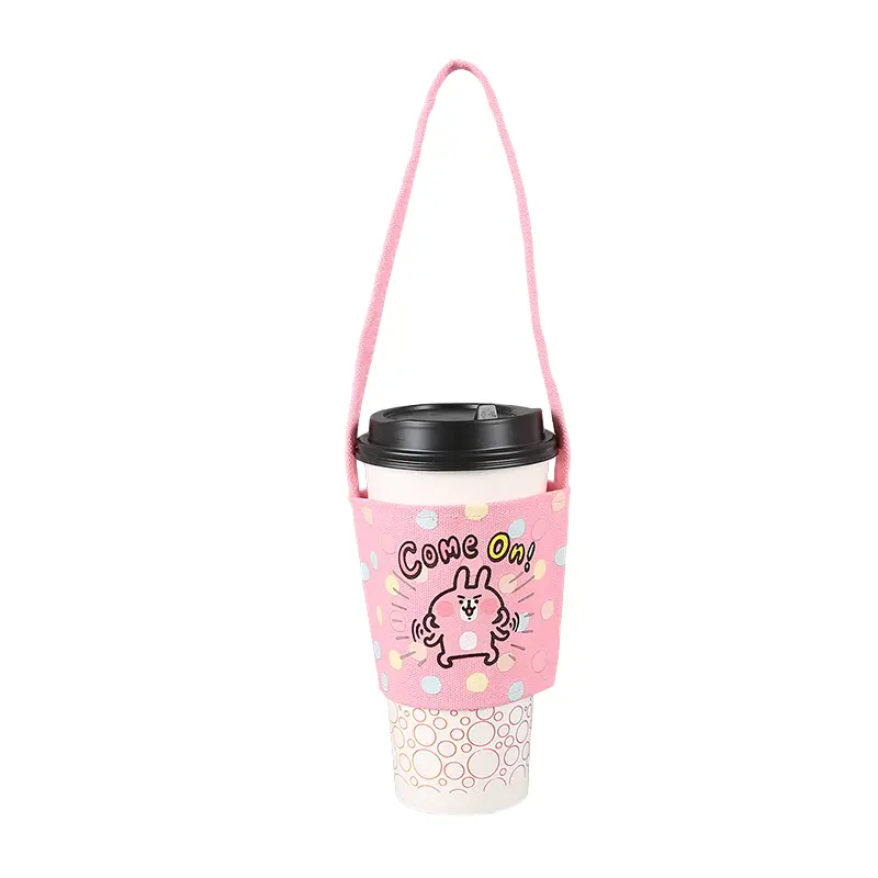Custom Canvas Cup Sleeve Printed coffee cup sleeve with strap, pink design on takeaway cup