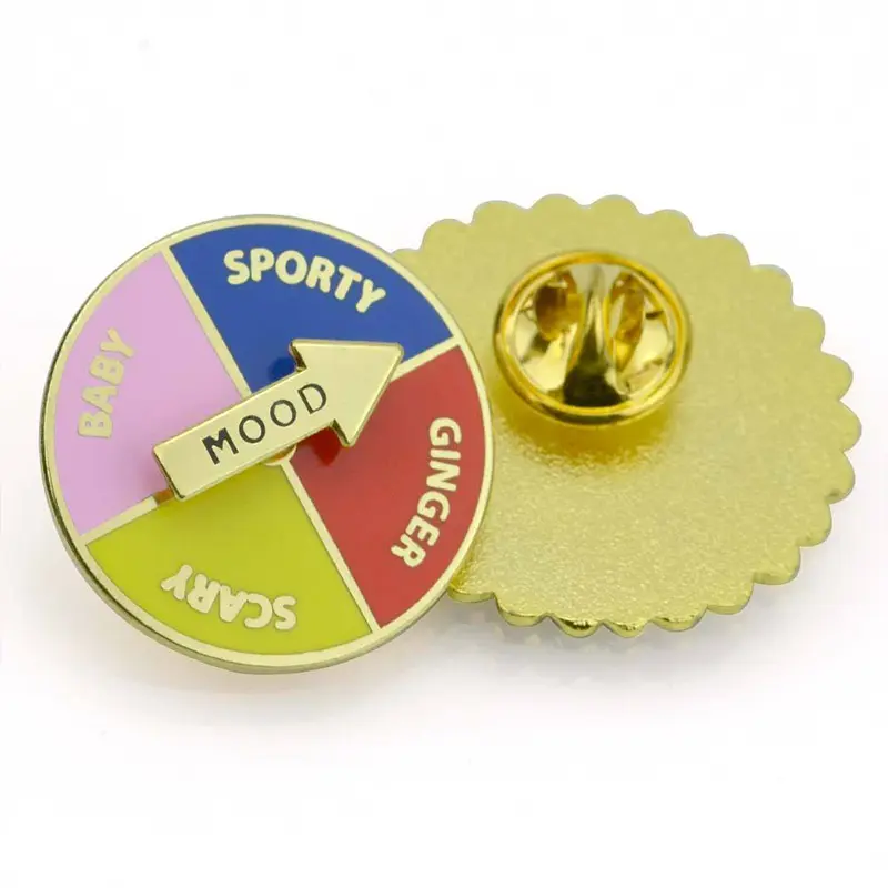 Custom Spinning Enamel Pin round enamel mood spinner pin with labeled sections and gold backing clasp