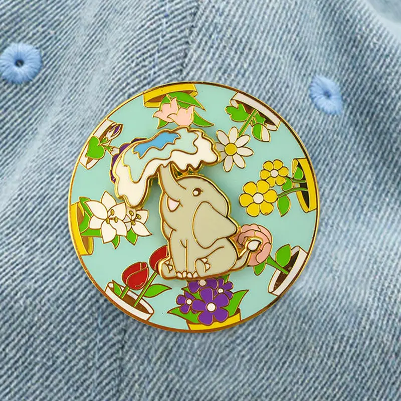 Custom Spinning Enamel Pin round floral enamel lapel pin with colorful illustration attached to denim cap