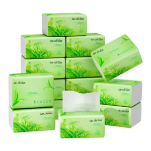 stack of green custom tissue boxes with bamboo leaf design