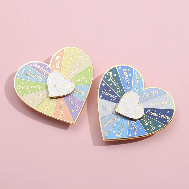 Custom Spinning Enamel Pin pastel heart shaped enamel spinner pin with motivational segments in gold metal finish