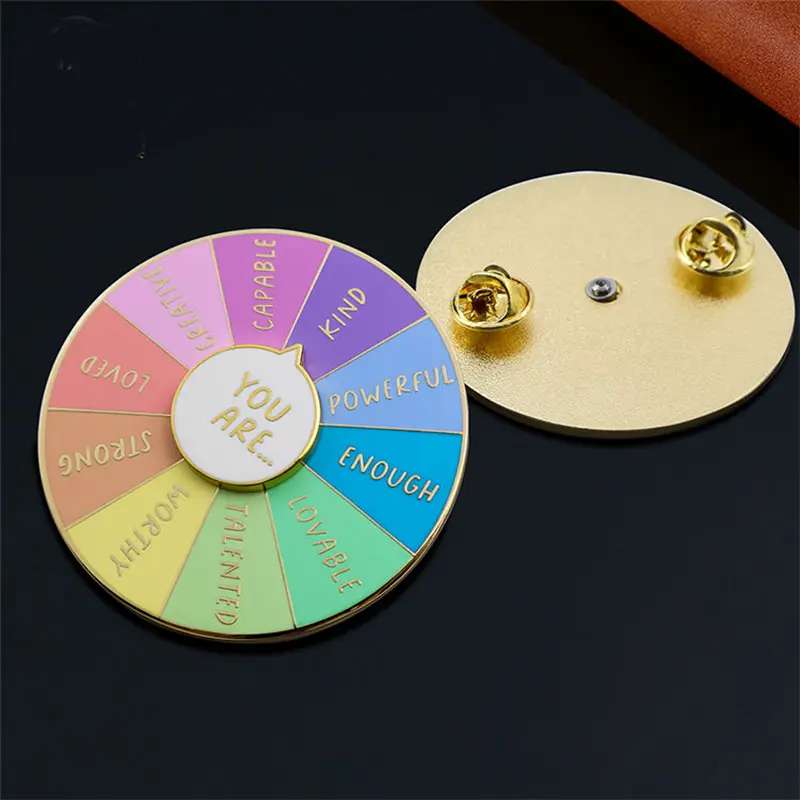 Custom Spinning Enamel Pin circular pastel enamel spinner pin with labeled segments and butterfly clutch backing