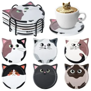 assorted cat shaped drink coasters with printed designs