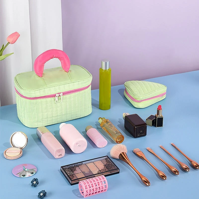 Customize Make Up Bag pastel makeup storage bag with beauty products arranged beside it